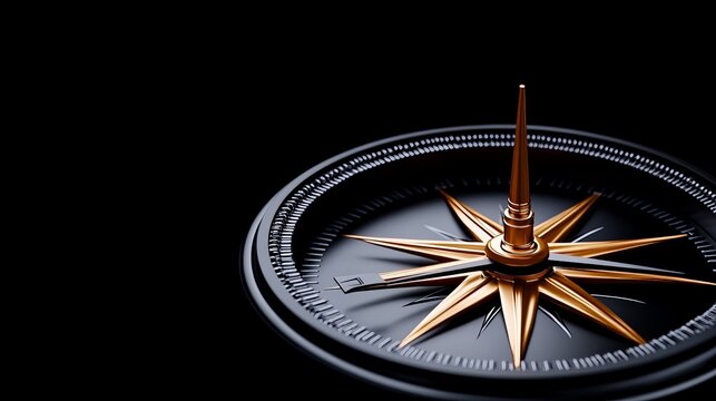 Golden Compass on Black: Guiding Star. A sophisticated, close-up shot of an antique-style compass with a golden needle against a dramatic black background.  The image evokes a sense of adventure.