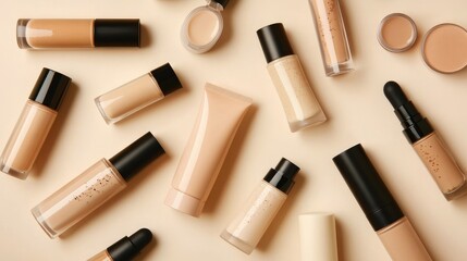 Obraz premium Assorted foundation bottles and cream tubes arranged on a minimalistic background, perfect for cosmetics advertising. No logos or people included.