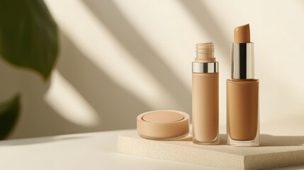 Close-up of assorted liquid foundation bottles and cream tubes, elegantly placed on a minimalistic surface, perfect for cosmetic ads. No logo or people in the image.