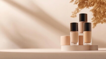 Close-up of assorted liquid foundation bottles and cream tubes, elegantly placed on a minimalistic surface, perfect for cosmetic ads. No logo or people in the image.