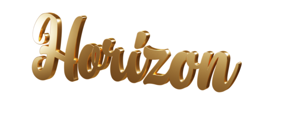 Luxury 3D gold text "Horizon" on transparent background. Three dimensional Realistic script letters for logotype, symbol, signage, message etc.