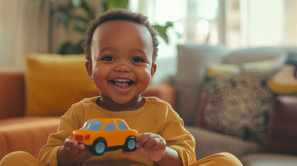 An African toddler with big expressive eyes, holding a toy car and smiling, seated in a bright, cozy living room with natural textures