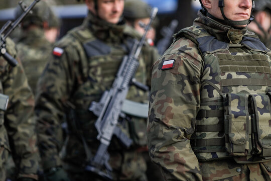 Details of a Polish soldier in uniform during the Romanian National Day military parade.