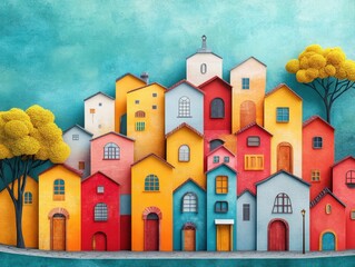 Brightly colored houses with trees in front of a blue sky