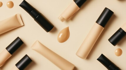 Obraz premium Liquid foundation tubes and cosmetic cream arranged artistically on a neutral background, ideal for beauty product promotion. No logos or people.