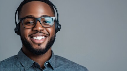 A cheerful customer service representative wears a formal shirt and headset, smiling warmly. This conveys professionalism and friendliness, perfect for engaging customers