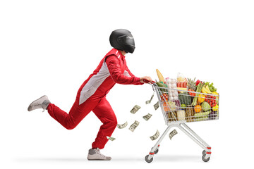 Car racer running with food and money in a shopping cart