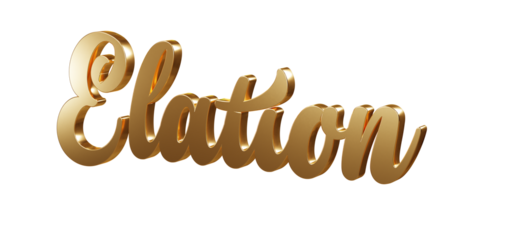 Luxury 3D gold text "Elation" on transparent background. Three dimensional Realistic script letters for logotype, symbol, signage, message etc.