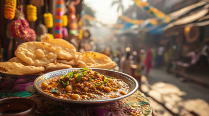 A beautifully plated dish of chole and puri, served on a traditional table, with a lively street scene and Indian decorations in the background