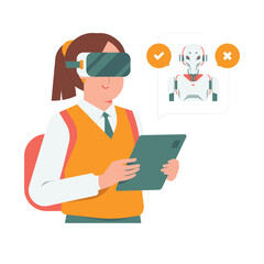 Student study wearing VR headset asking artificial intelligence robot concept illustration