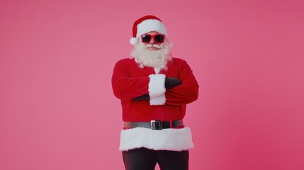 Fototapeta premium Hip Santa Claus in sunglasses stands confidently on a bright pink background, giving a modern twist to the traditional holiday figure.