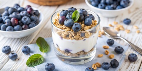 Blueberry yogurt parfait topped with granola in a white bowl on a light background.