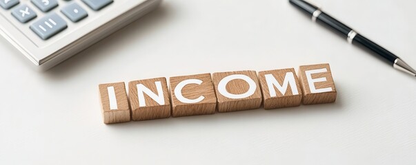 Wooden blocks spelling income with calculator and pen on white background.