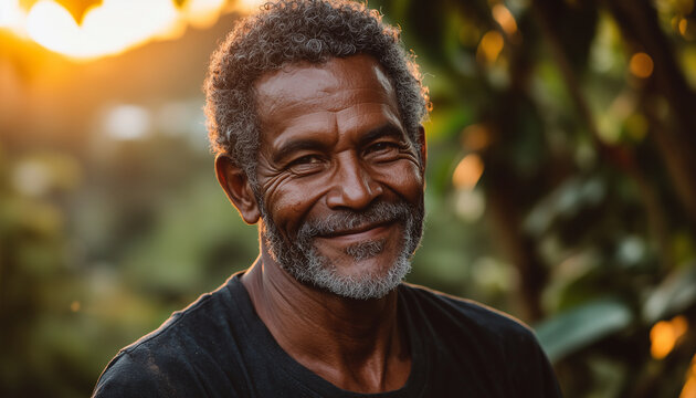Smiling Elderly Brazilian Man Enjoying the Outdoors at Sunset