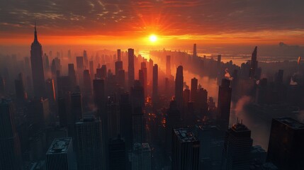The rising sun over the skyscrapers, as well as the streets of a big city from above, 