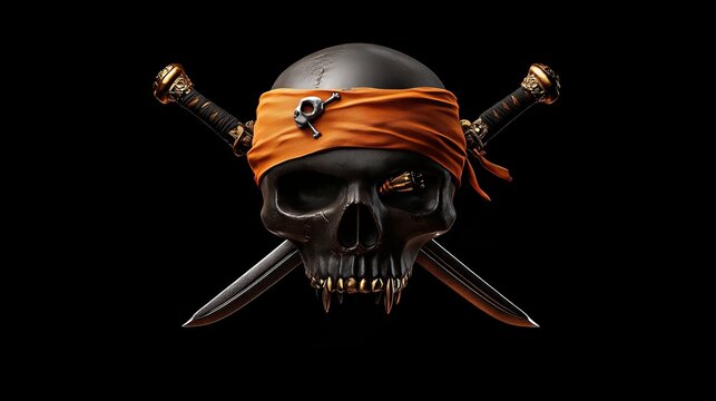 Pirate Skull with Crossed Swords: A menacing black skull with a gold tooth, adorned with a bright orange bandana and crossed swords, evokes the spirit of adventure and danger. - Powered by Adobe