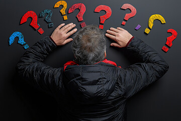 A figure surrounded by colorful floating question marks expresses confusion and curiosity. contrasting colors against dark background enhance emotional depth of scene
