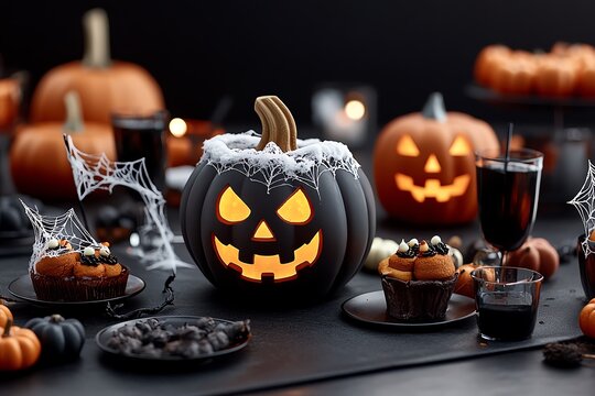 A hyper-realistic view of a Halloween party table, where every detail of the spooky treats, glowing jack-o'-lanterns, and cobweb-covered drinks is captured in stunning clarity.