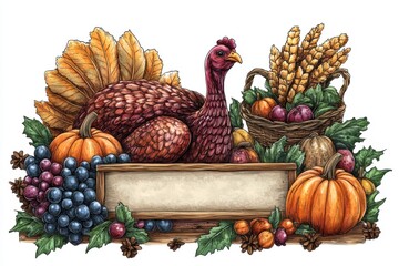 fun and festive thanksgiving table doodle with turkey, pumpkins, and cornucopia on a banner great for inviting guests to thanksgiving dinner