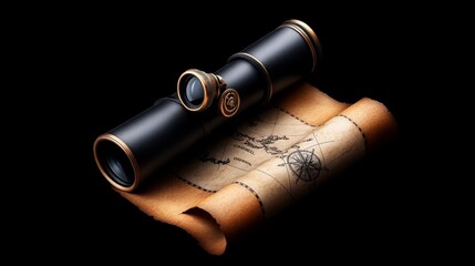 Antique Spyglass and Treasure Map: A weathered antique spyglass rests on a faded treasure map, promising adventure and discovery.