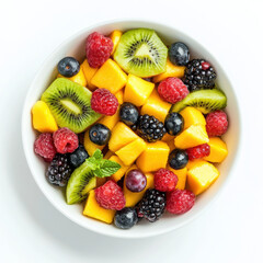 Fresh Mixed Fruit Salad with Mango, Kiwi, Berries, and Peaches.