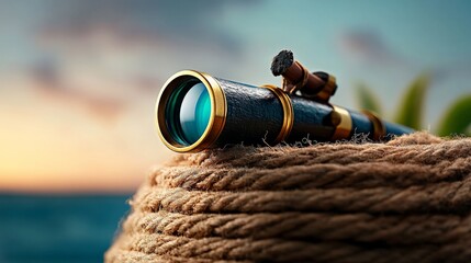 Telescope on the Horizon: A vintage telescope rests atop a coiled rope, capturing the essence of adventure and exploration against a backdrop of a serene ocean sunset.
