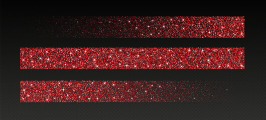 Red glitter brush strokes, shimmer spray effect, luxury shimmery particles, festive holiday sparkles, shiny star dust lines isolated on a dark background. Christmas decoration. Vector illustration.