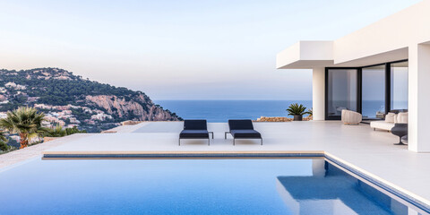 Fototapeta premium Modern luxury villa by the sea featuring a stunning infinity pool and panoramic coastal views at sunset