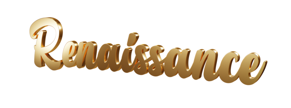 Luxury 3D gold text "Renaissance" on transparent background. Three dimensional Realistic script letters for logotype, symbol, signage, message etc.