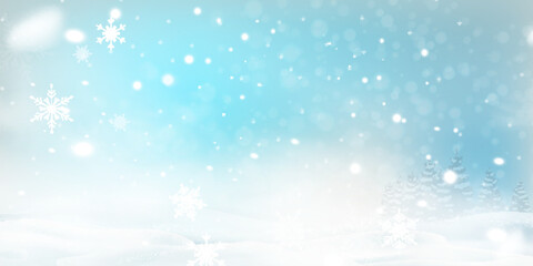 Natural Winter Christmas background with blue sky, heavy snowfall, snowflakes in different shapes and forms, snowdrifts. Winter landscape with falling christmas shining beautiful snow. vector. 