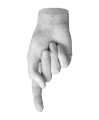 Finger pointing gesture, touching, showing. Index finger, pointer indicating. Halftone style vector isolated on white background