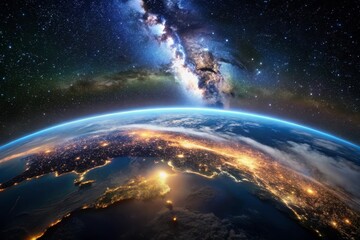 A view of the earth, the lights of nighttime cities, of the milky way, from the space. Generative AI.