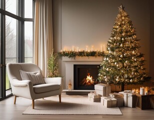 Obraz premium A festive living room with a beautifully decorated Christmas tree, glowing fireplace, and wrapped gifts, creating a warm and inviting holiday atmosphere