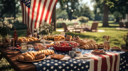 Celebrating 4th of July with backyard barbecue picnic, American flag, sunny day, family gathering, festive table setup