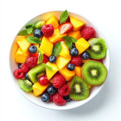 Obraz premium Fresh Mixed Fruit Salad with Mango, Kiwi, Berries, and Peaches.