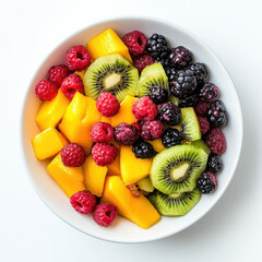 Obraz premium Fresh Mixed Fruit Salad with Mango, Kiwi, Berries, and Peaches.