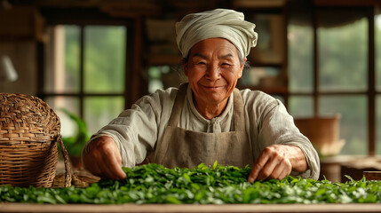 A serene scene of a tea expert in a traditional tea processing room, skillfully twisting and rolling fresh tea leaves. The rich green leaves contrast with the wooden table and soft