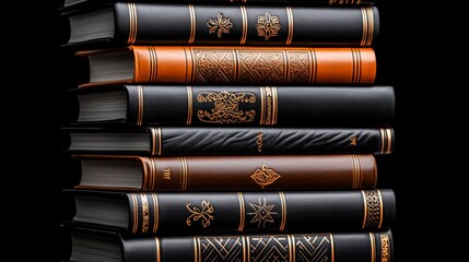 Stack of Antique Books: A captivating image of a tall stack of leather-bound antique books, each with unique, ornate designs and intricate details, standing tall and proud against a dark background.