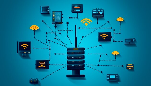 A flat design showing a telecommunications network diagram, with connections between different types of devices and servers