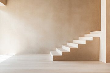 Minimalist interior featuring white staircase and beige walls in a contemporary space with natural light