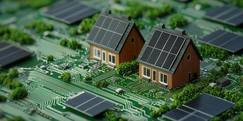 A miniature eco-friendly house model atop a green circuit board, symbolizing sustainable technology and smart home innovation.