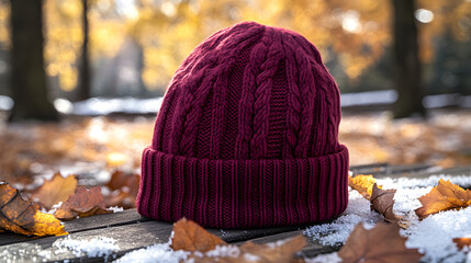 Burgundy Beanie with Winter Backdrop
