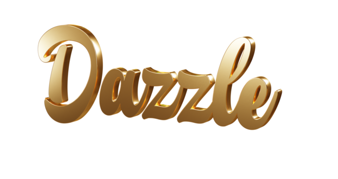 Luxury 3D gold text "Dazzle" on transparent background. Three dimensional Realistic script letters for logotype, symbol, signage, message etc.