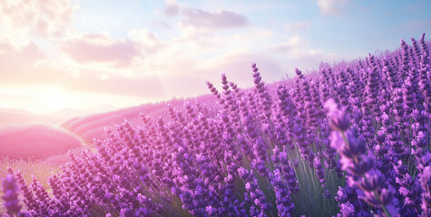 Naklejka premium Purple lavender spreads like a purple ocean. Quiet and romantic sea of purple lavender flowers and enjoys the purity and boundlessness of nature. 