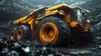 Yellow mining machine working in dark wet mine, realistic landscape-style photography
