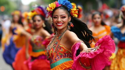 Fototapeta premium A street filled with dancers in traditional Latin American costumes, performing folkloric dances during a Hispanic Heritage Month parade.