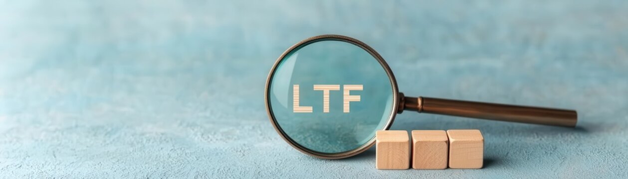 Magnifying glass focusing on letters LTF and wooden blocks on blue background.