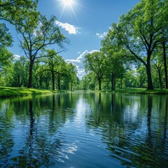 Very beautiful idyllic natural panorama of city spring summer park with pond that reflects surrounding trees and blue sky on bright sunny day.