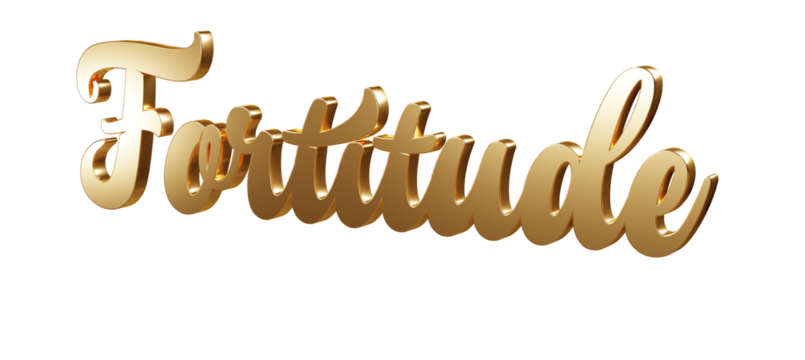 Luxury 3D gold text "Fortitude" on transparent background. Three dimensional Realistic script letters for logotype, symbol, signage, message etc.