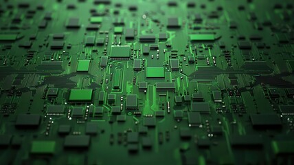 A close-up of a green circuit board, showcasing intricate patterns of microchips and circuitry, emphasizing technology and electronic components.